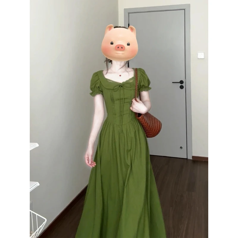 夏季绿色方领连衣裙甜美约会法式宫廷风公主长裙茶歇气质显瘦裙子