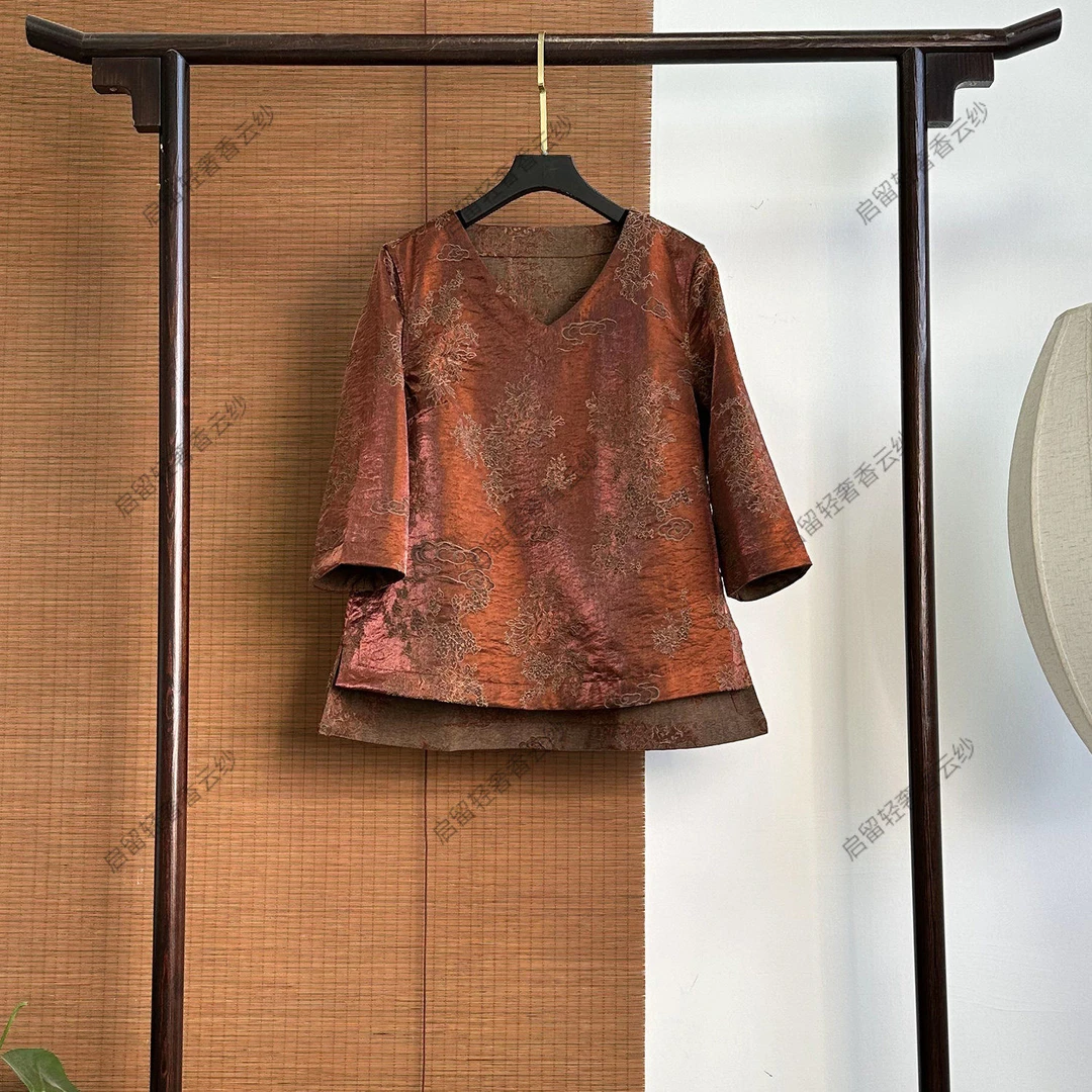 【255169】秋云棕影  新中式40姆米 祥云织花上衣