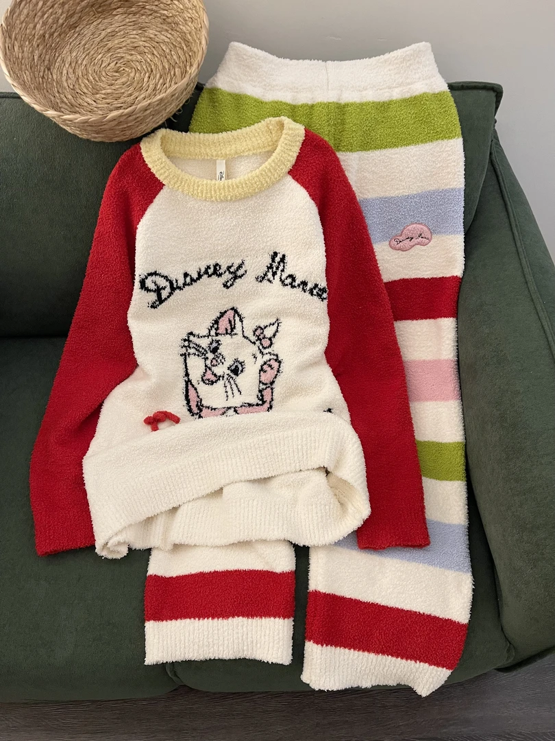 【DMXJ大梦想家】韩版少女卡通条纹半边绒睡衣女冬款保暖家居服套装