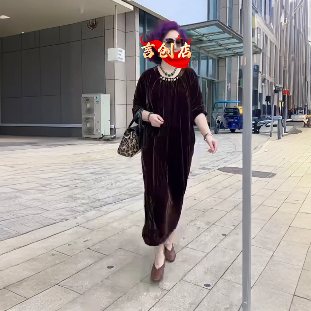 5085原版丝绒咖色长袖套头宽松长款连衣裙风极简风八分袖秋季裙子