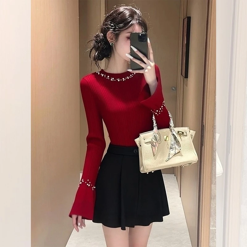独特漂亮内搭红色烫钻小衫女装韩系春季针织打底衫洋气高贵上衣服