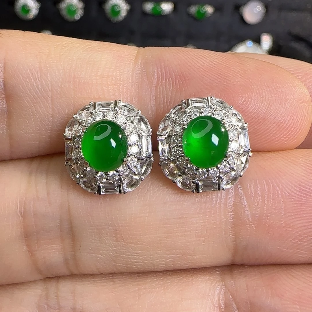 翡翠18K金镶嵌耳饰天然翡翠