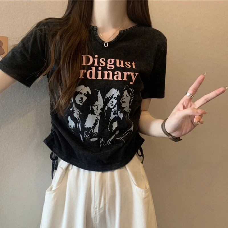 美式复古洗水做旧体恤女设计感小众抽绳短款辣妹上衣情侣装短袖潮