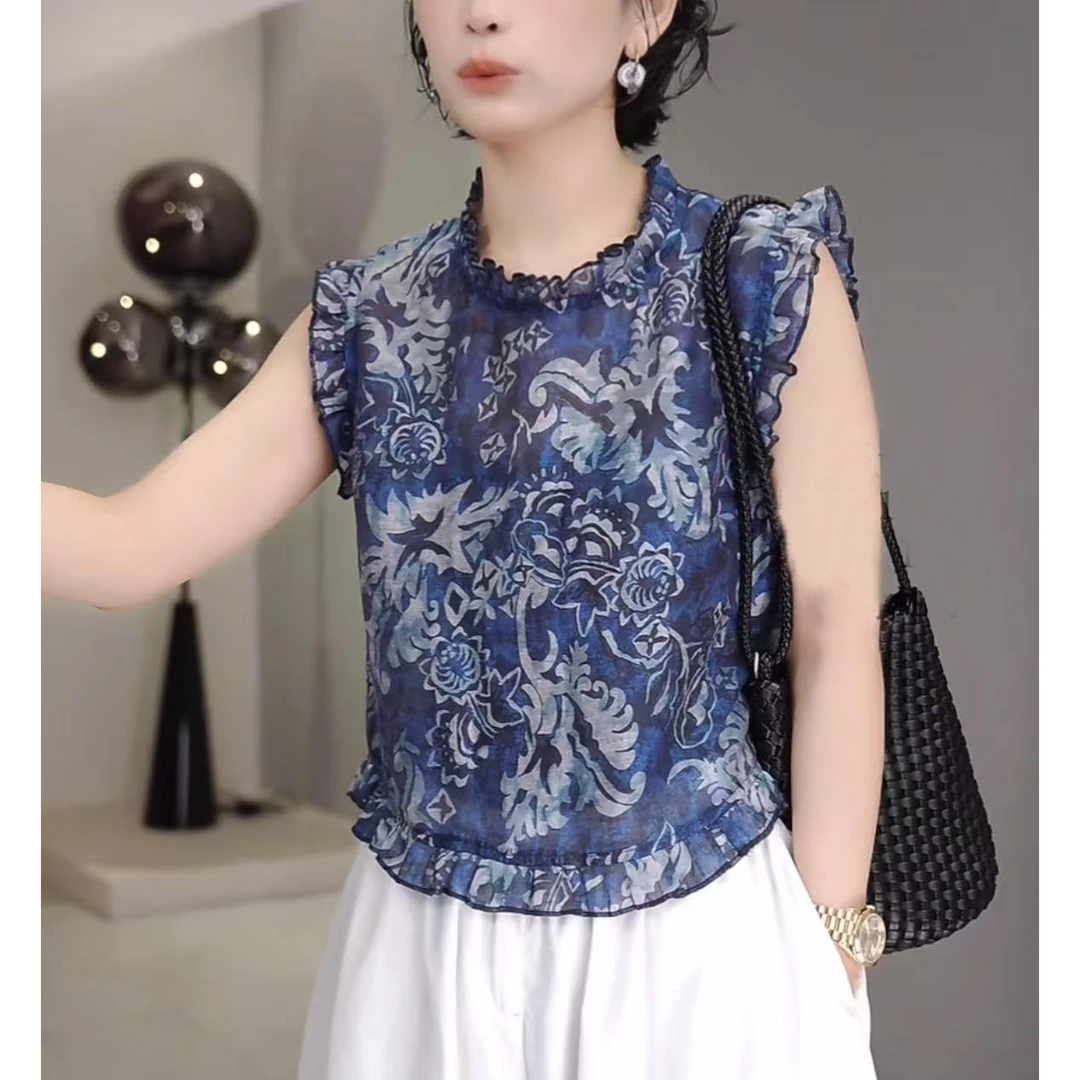 (送运费险)拼接木耳无袖圆领夏季衬衫民族风时尚百搭显瘦洋气上衣