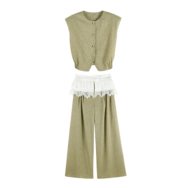 「蕾丝结语」优雅百搭短款上衣米白休闲裤套装SHBZW651815