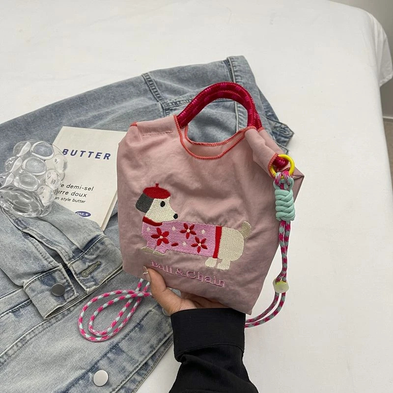 高圆圆同款柴犬刺绣单肩购物袋大容量尼龙环保斜挎包手提手机包LX