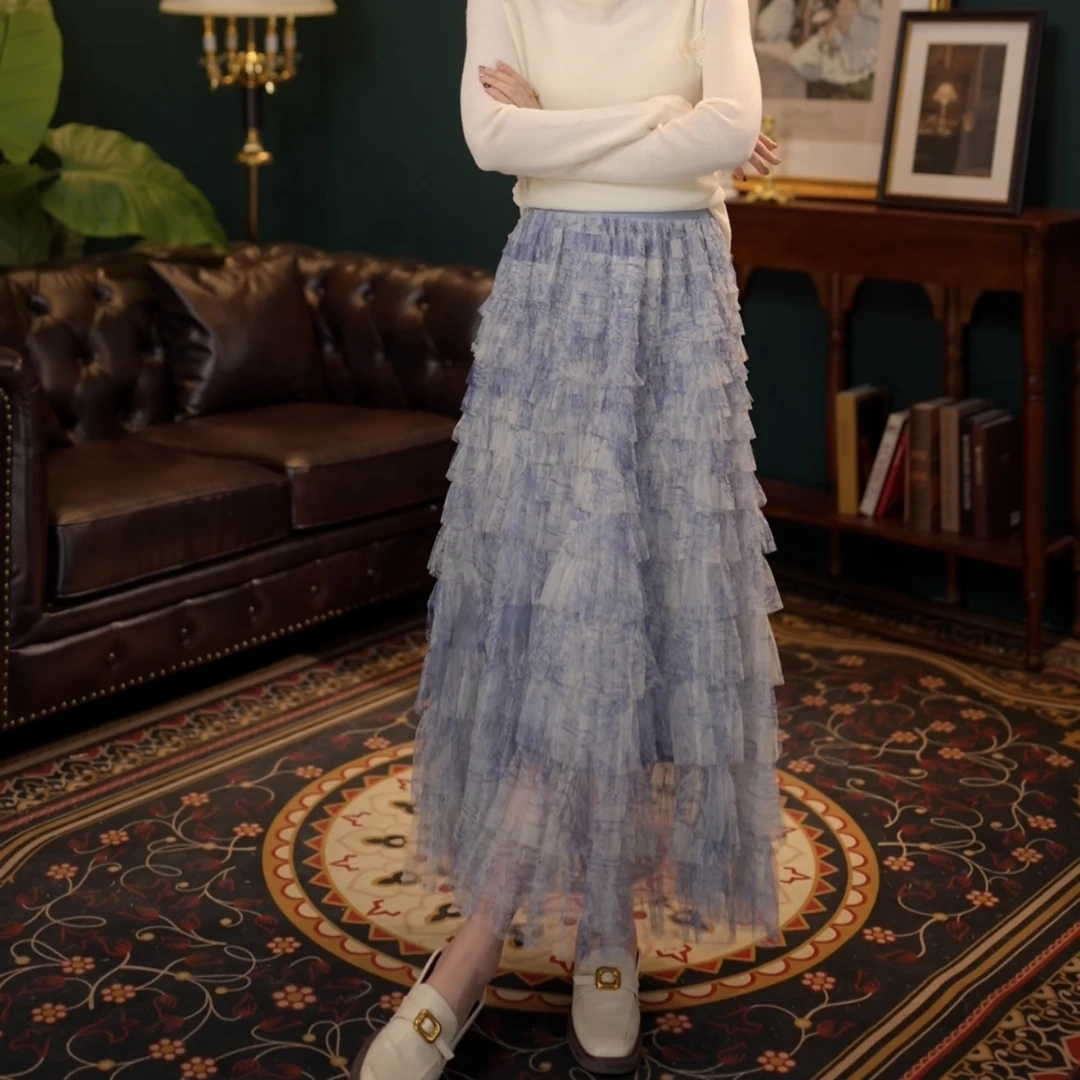 琦琦【浅池星】欧若风中长款高腰A字半身裙a字裙子Y0325341