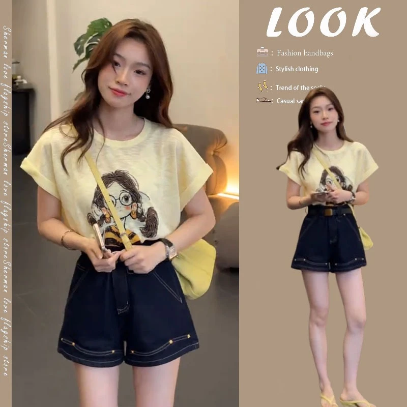 【现货】夏季穿搭一整套2025新款韩版减龄圆领短袖牛仔短裤两件套