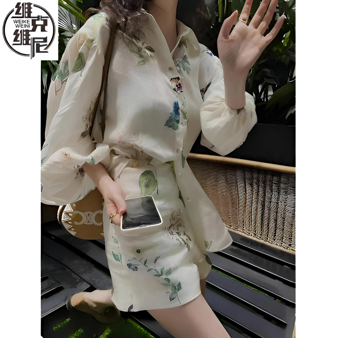 爆款夏季新款女装洋气长袖衬衫阔腿短裤高级感印花两件套潮范休闲