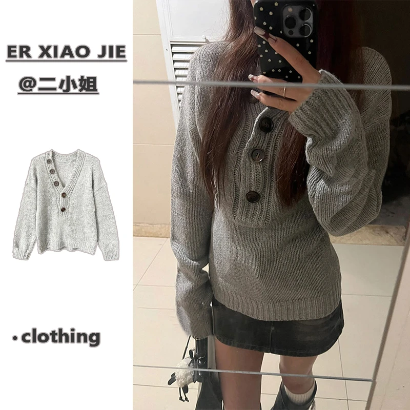 韩系复古慵懒风v领灰色毛衣女薄款秋冬POLO领长袖针织衫收腰外套