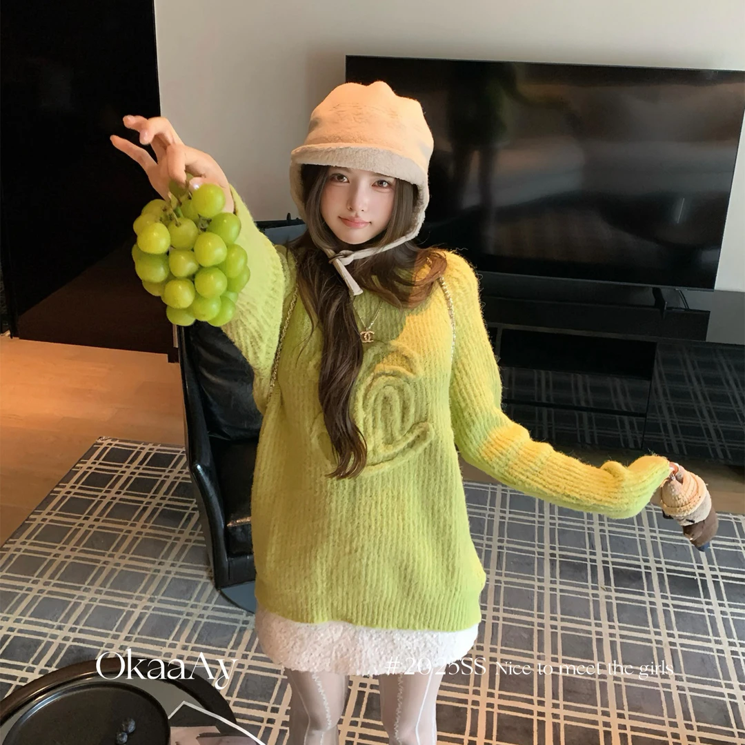 【清仓特惠】Okaaay【零度巧可苏】圆领套头软糯毛衣女早秋季韩版宽松