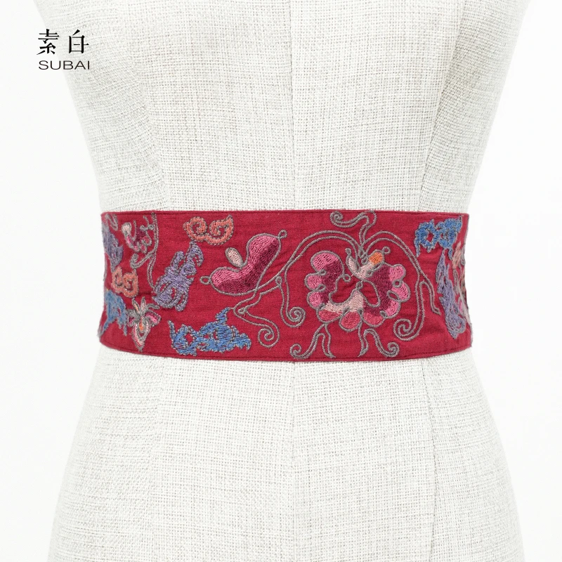 801980素白原创设计双层刺绣腰封配饰中国风大花纯手工长款红色