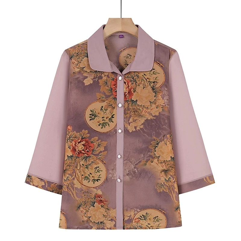 10081-紫 奶奶装新款夏季衬衫薄款衣服7衬衣夏装上衣【老仓库】