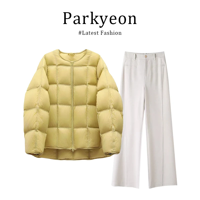 parkyeon韩版圆领黄色中长款宽松轻薄棉服外套长裤两件套裤女冬季