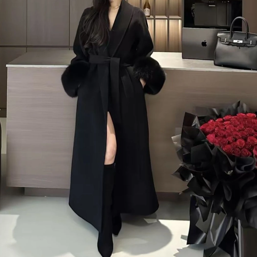 高端气质双面呢毛领保暖浴袍风宽松中长款显瘦毛呢外套冬季新款