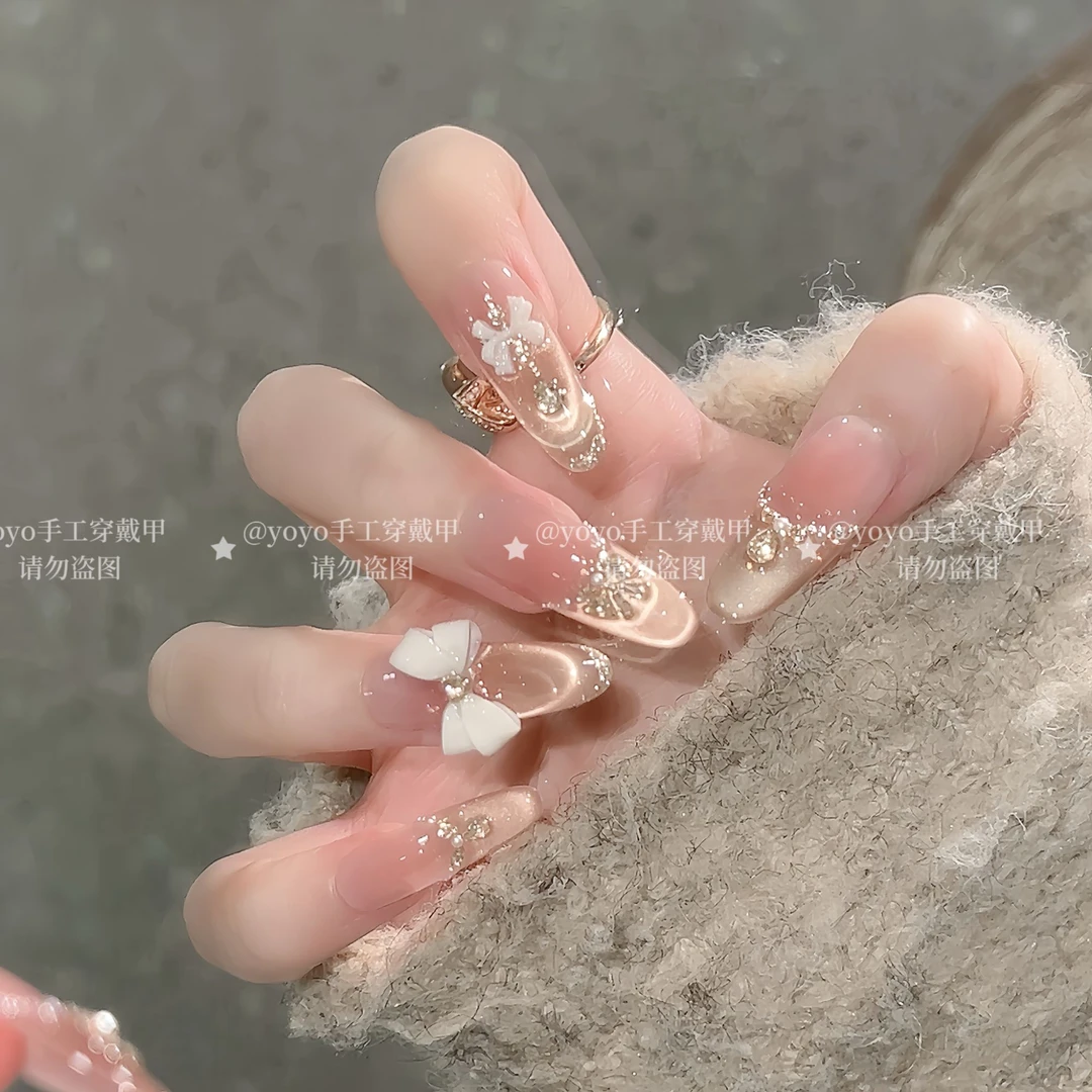 【金色恋人】法式小香风蝴蝶结穿戴甲立体显白可拆卸高级感美甲