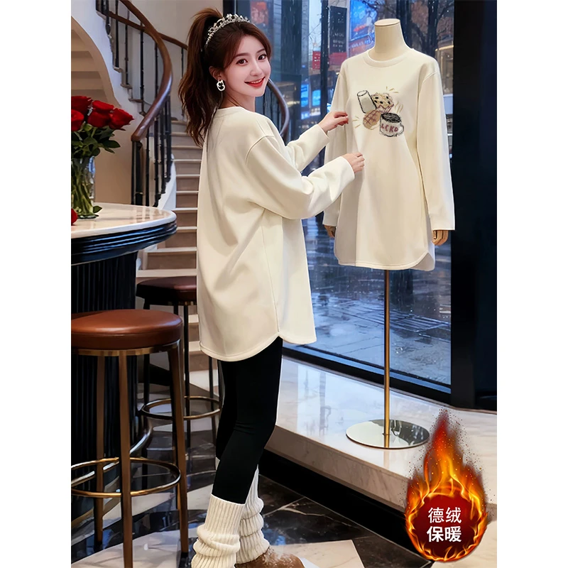 加绒中长款T恤女2025秋冬新款宽松长袖打底鲨鱼裤专用显瘦上衣