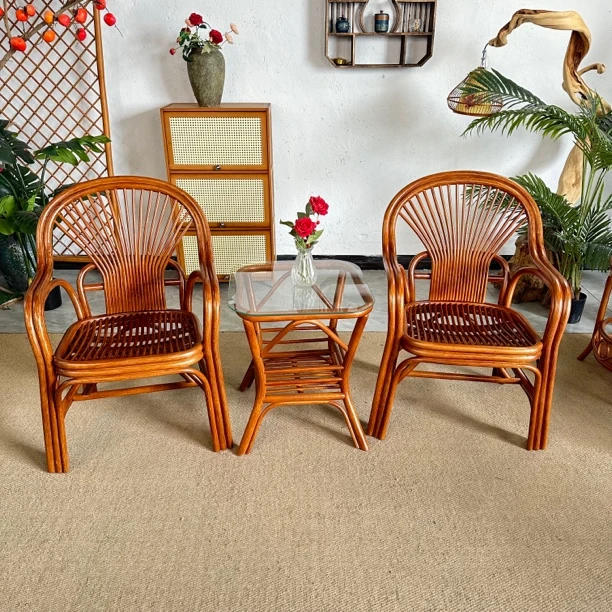 6008花梨色藤编休闲椅手工客厅家用中式新中式简约阳台单人凤尾椅