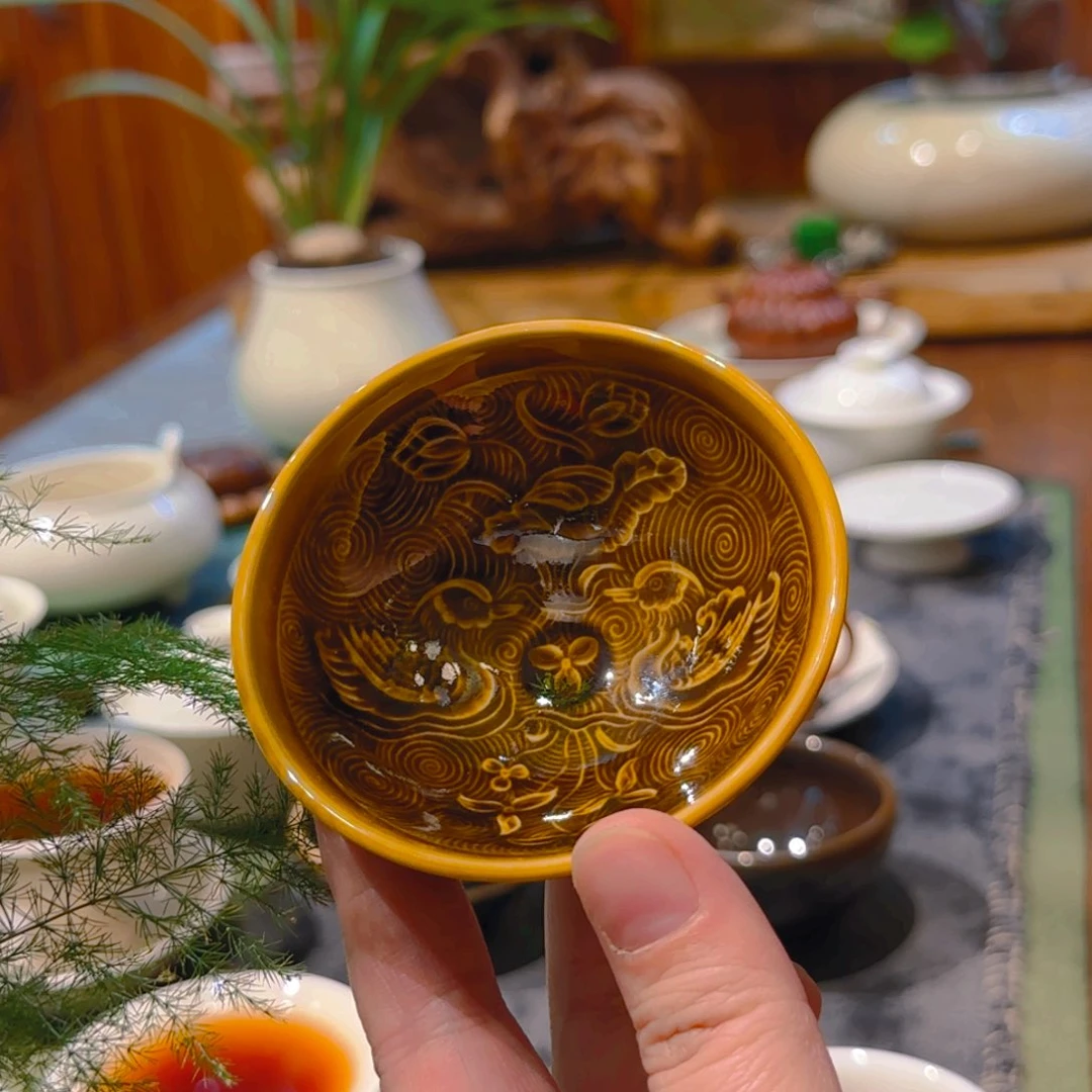 微澜定瓷 黄定内膜印斗笠盏