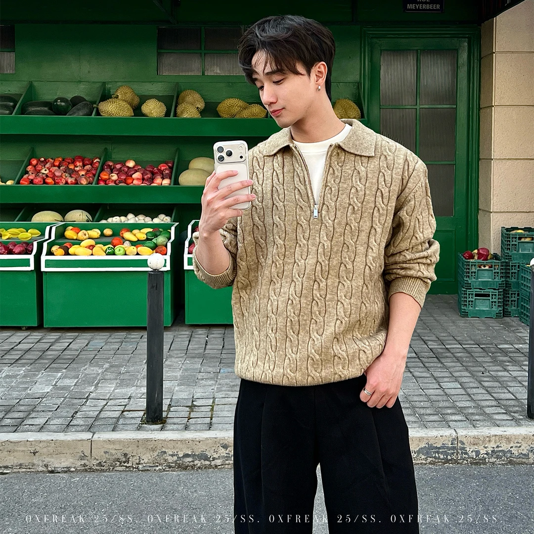 OXFREAK「粗纹编织绞花」老钱风海鸥领毛衣男秋冬季polo领针织衫