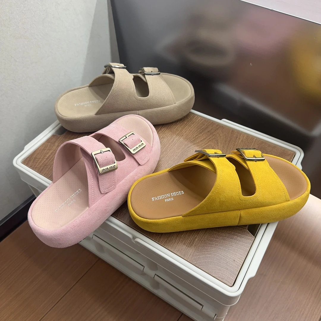 【pjc】2025年夏季新款厚底外穿拖鞋女圆头软底粉色一字带凉拖鞋