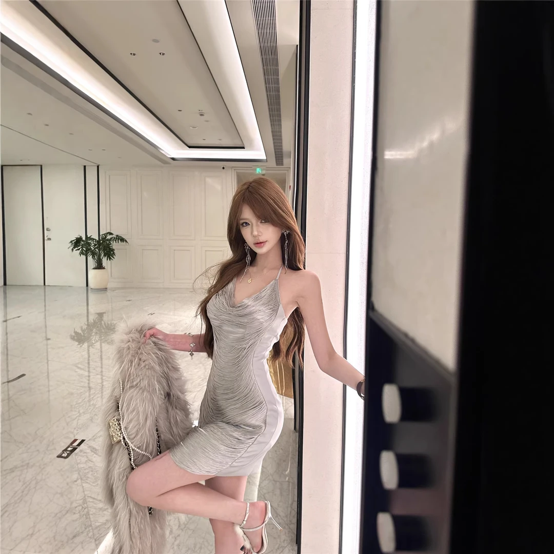 实拍御姐感性感连衣裙女纯欲气质流苏挂脖修身包臀裙生日裙子