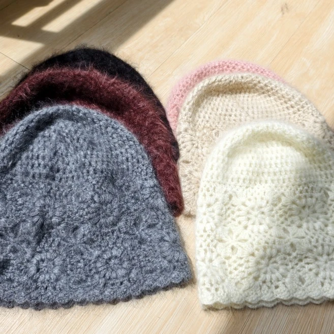 复古手工钩花镂空山羊绒拉绒针织冷帽80064