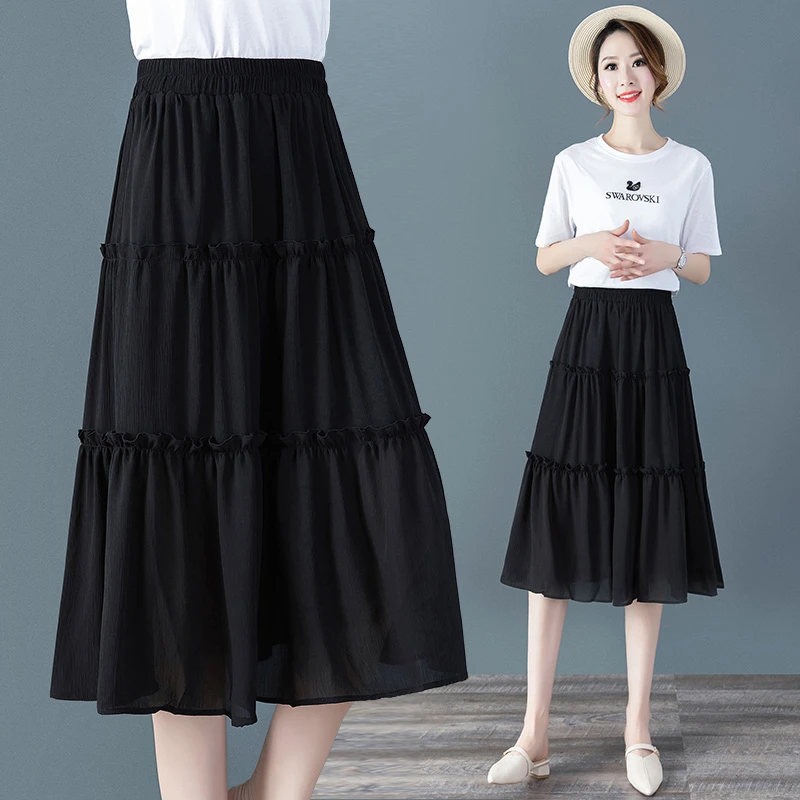雪纺黑色半身裙女2025年夏季新款百褶中长款蛋糕裙显瘦高腰短裙子