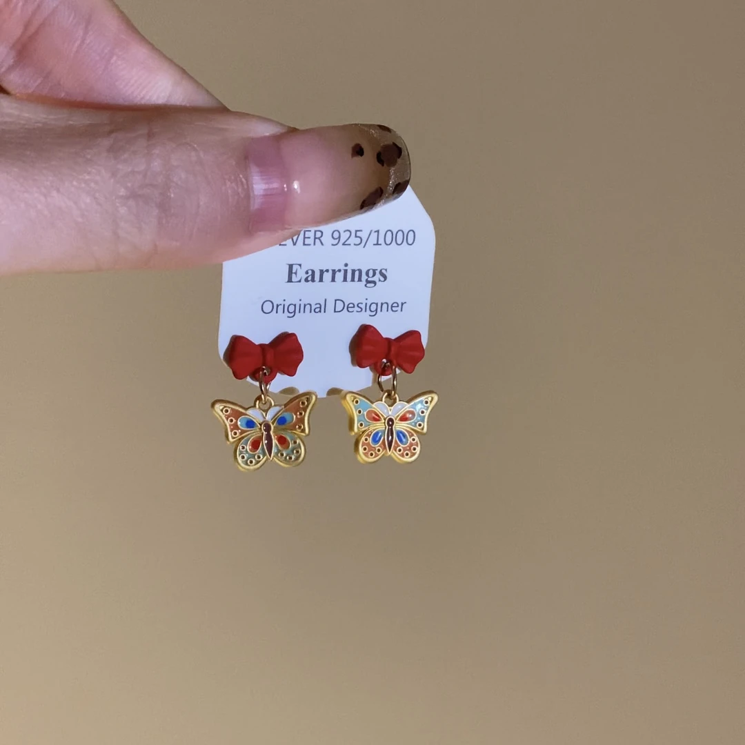 铜合金耳饰 新年红色滴釉蝴蝶耳钉小众气质耳环女耳饰轻奢高级感