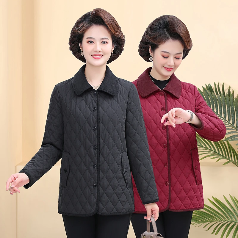 妈妈棉袄秋冬新款短款女时尚轻薄翻领棉衣中老年百搭菱形保暖棉服