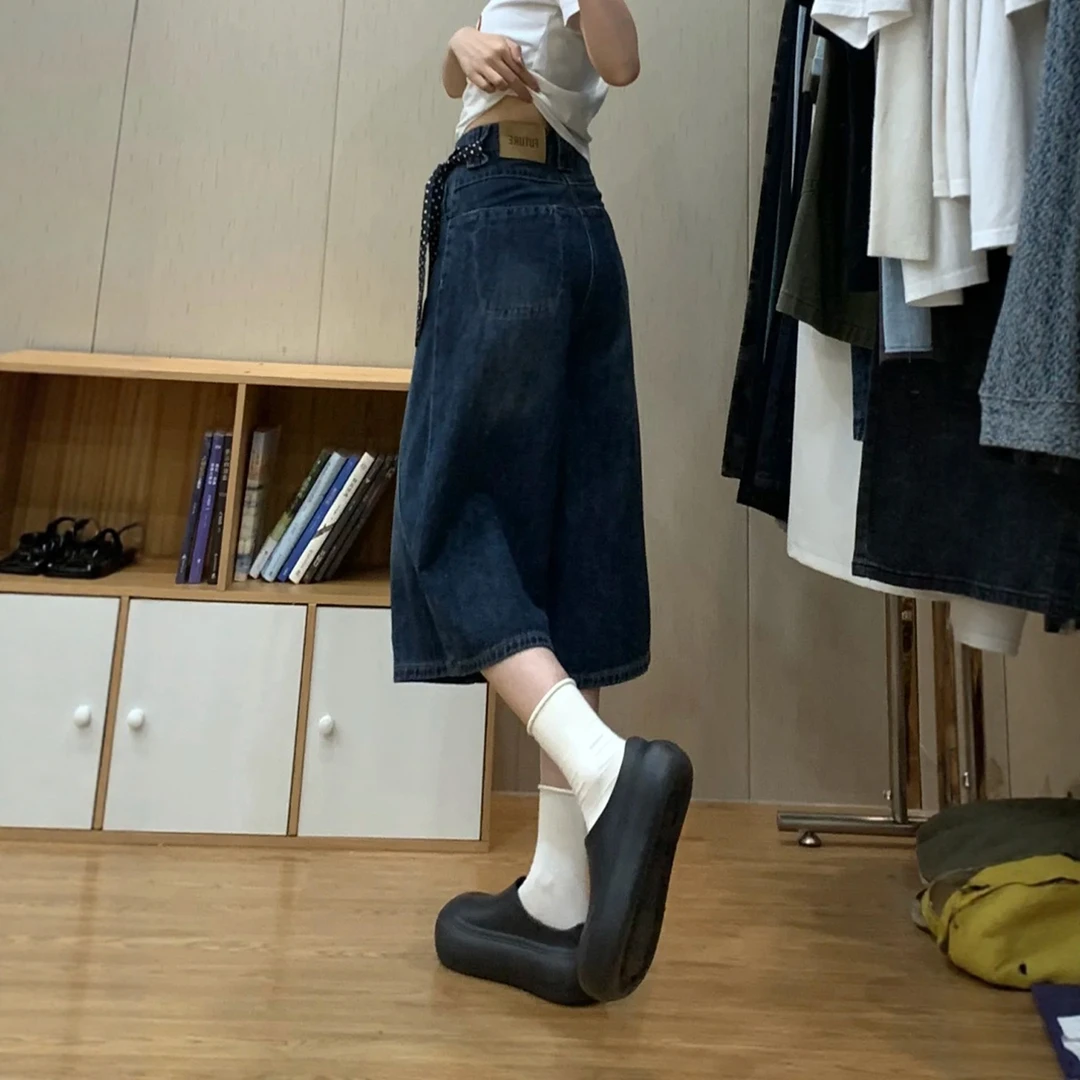 美式深蓝复古炸街潮流牛仔裤女2025高腰遮肉宽松拼接设计感七分裤