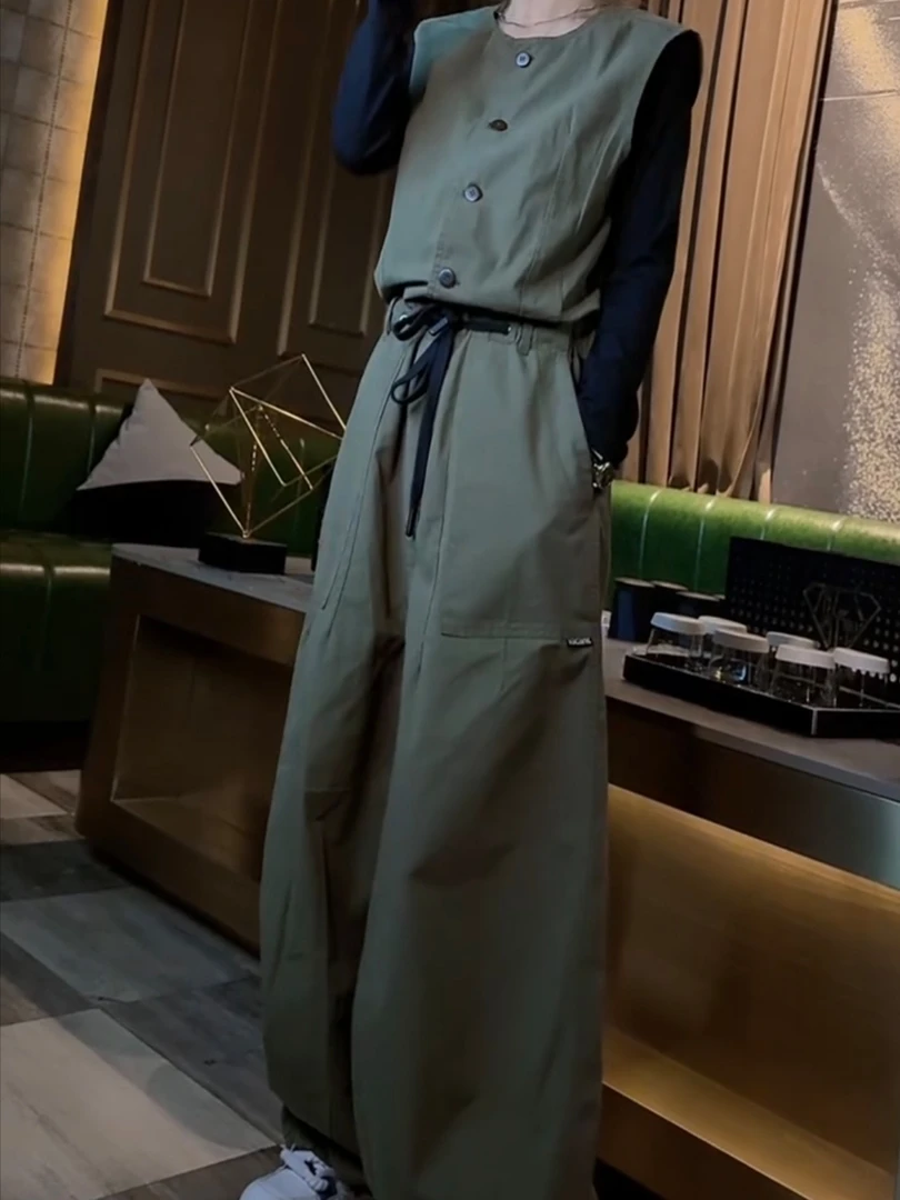女森说夏季新款时尚透气工装连体裤减龄宽松显瘦抽绳军绿色裤子