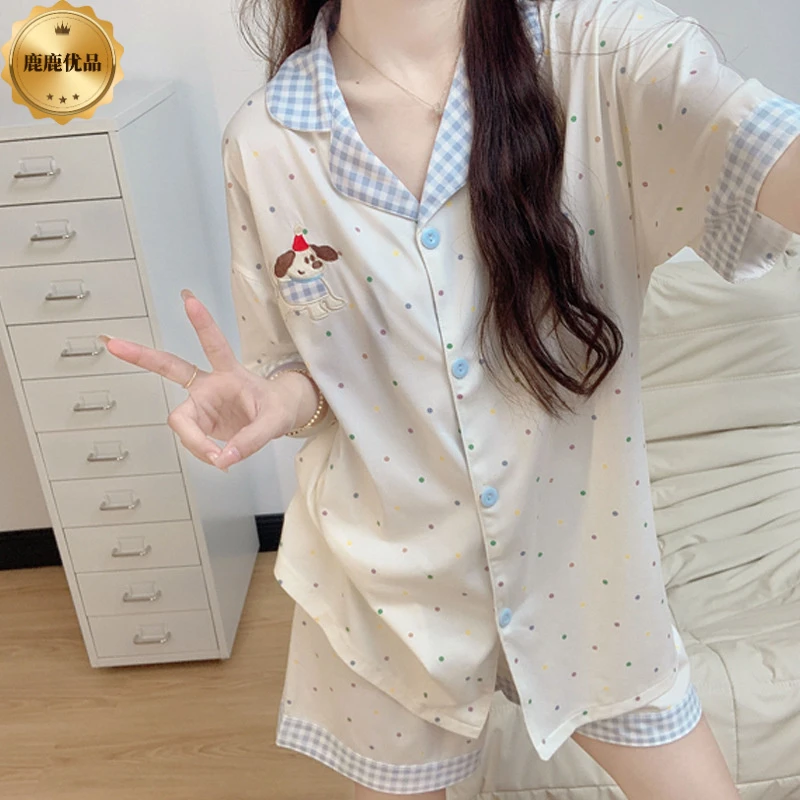 薄款波点小狗睡衣女夏季新款撞色格纹翻领开衫短袖夏天家居服套装