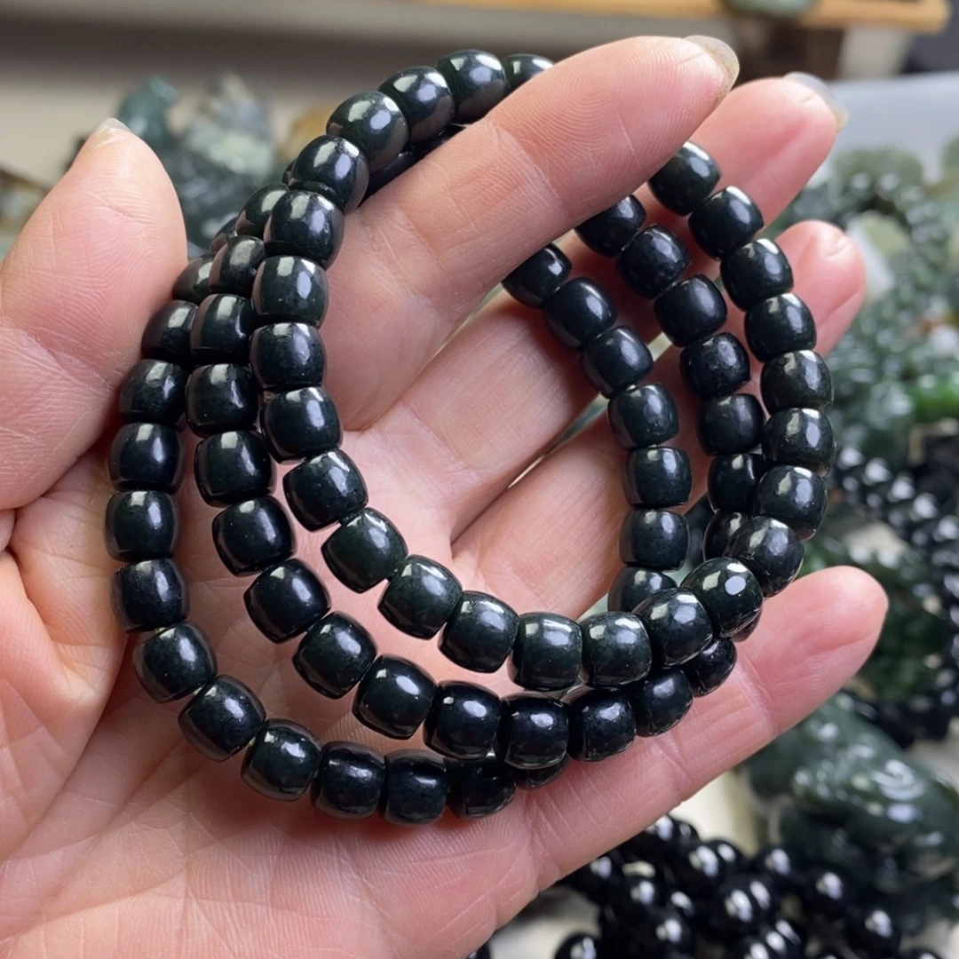 和田玉未镶嵌手链新疆和田黑青玉卡8直切