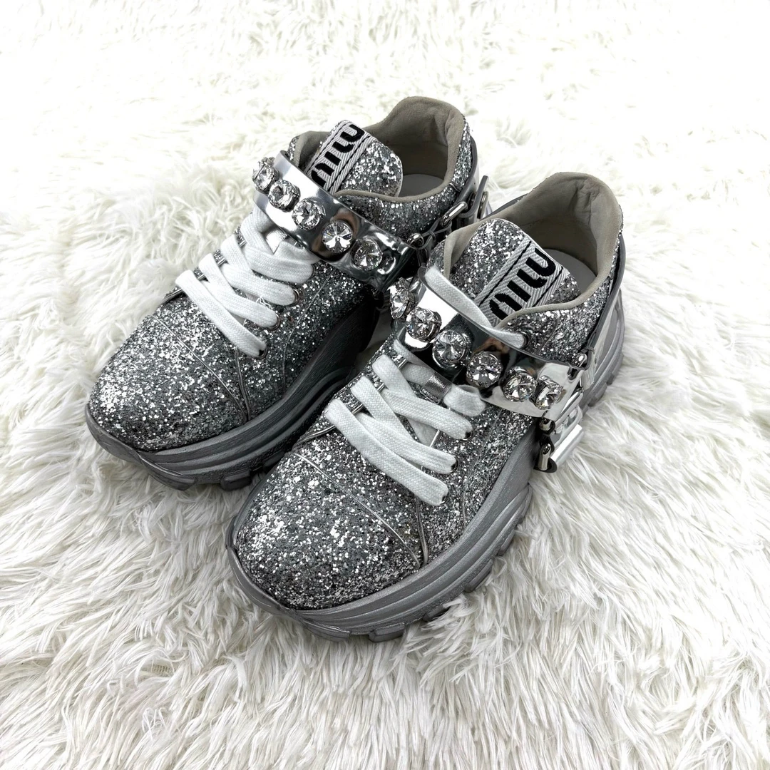 95新 MIU MIU/缪缪 银色亮片厚底老爹鞋35.5码14193089