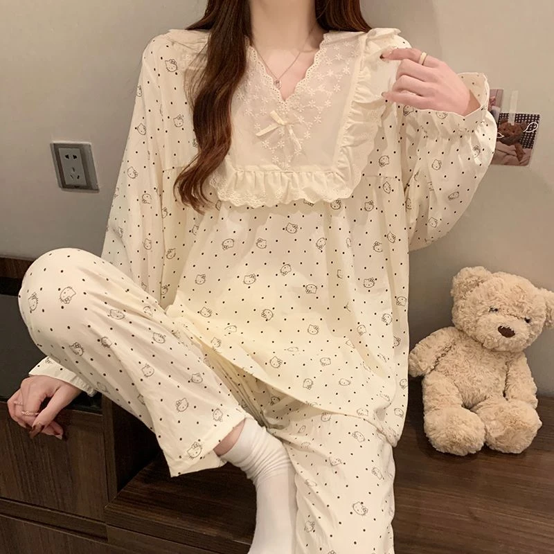 睡衣女春秋季薄款长袖可爱云朵棉2025新款家居服两件套装圆点小猫