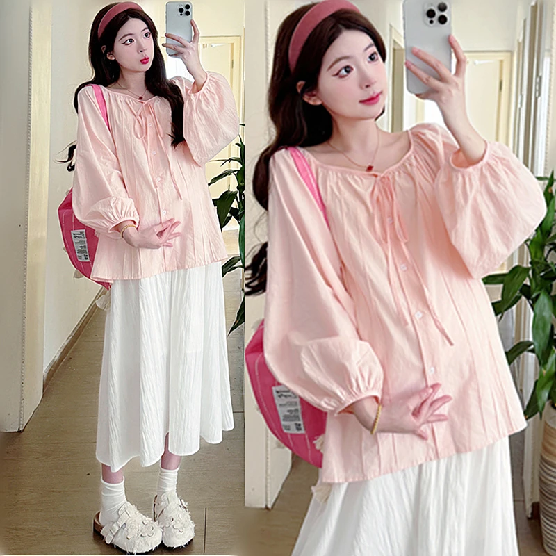 孕妇上衣春装洋气遮孕肚不显怀长袖衬衫宽松孕妇套装春秋两件套女