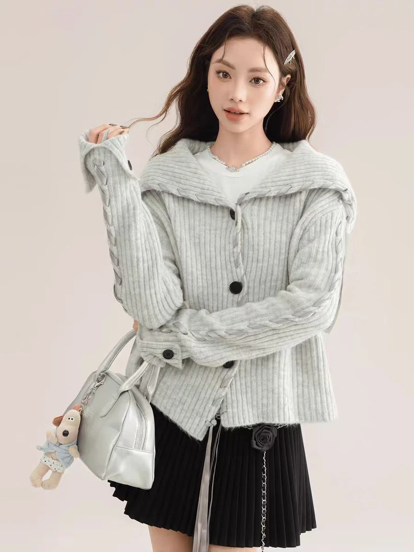 海军领飘带针织衫秋冬新款女装韩版时尚单排扣休闲毛衣外套#1097