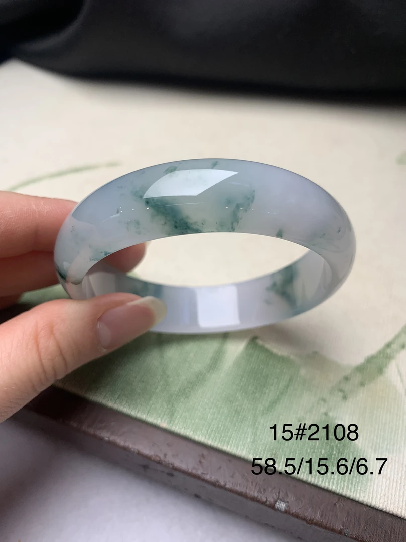 58.5圈口宽版轮胎飘蓝花正圈天然缅甸翡翠手镯#货号2108
