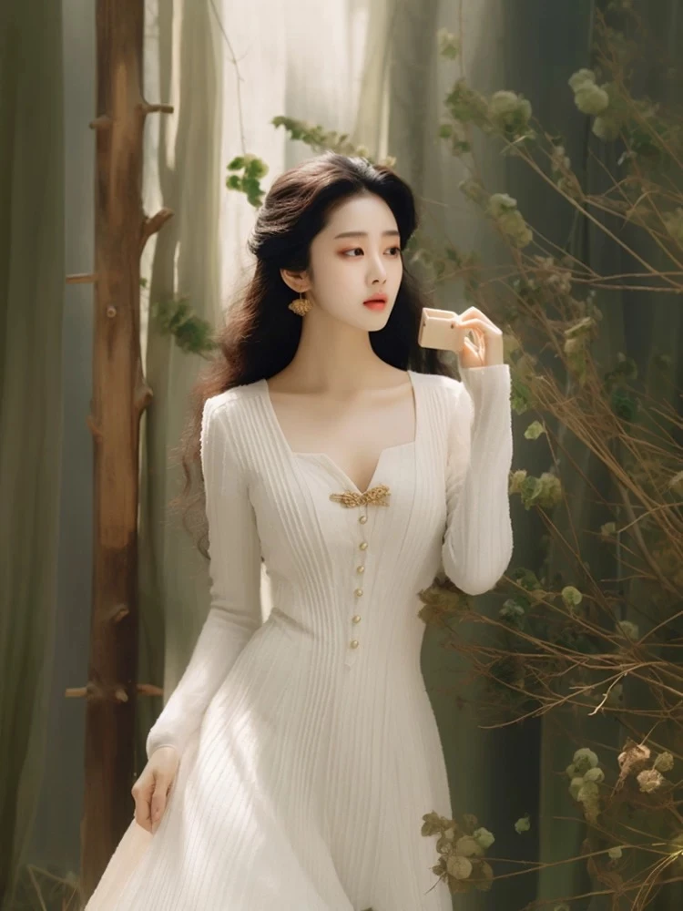 JYD31576法式小众设计长裙高级感名媛小香风白色针织连衣裙女秋季