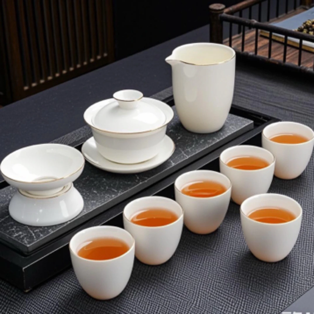 高档羊脂玉陶瓷茶具套装描金边万瓷纯金线蛋杯