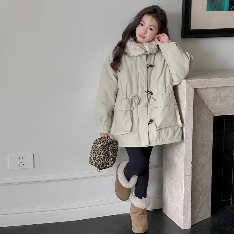 女童加绒外套秋冬装2025新款儿童工装派克服女孩大童冬季加厚棉服