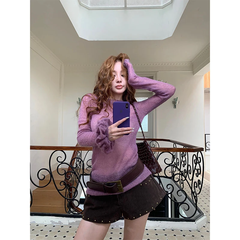 设计感小众百搭洋气休闲长袖针织衫早秋复古高腰气质显瘦短裤套装