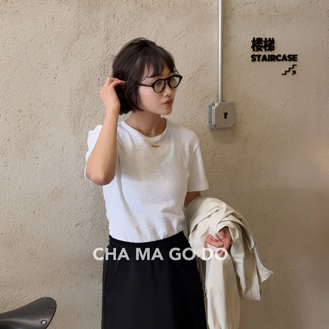 CHA MA GO DO08700简约纯色圆领竹节棉T恤