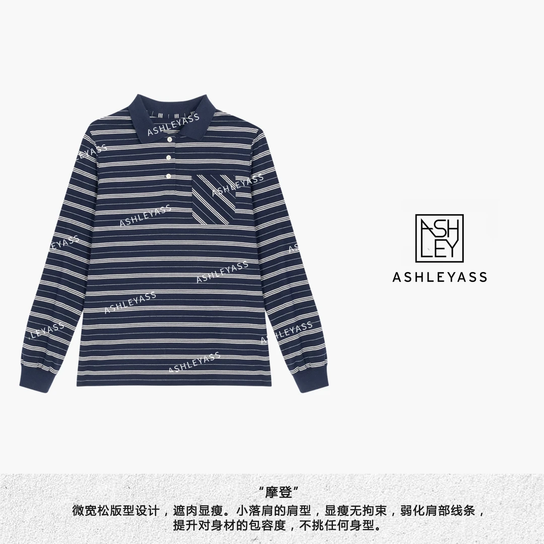 【ASHLEYASS】“摩登”miu风条纹polo翻领小落肩遮肉上衣LSS241205R