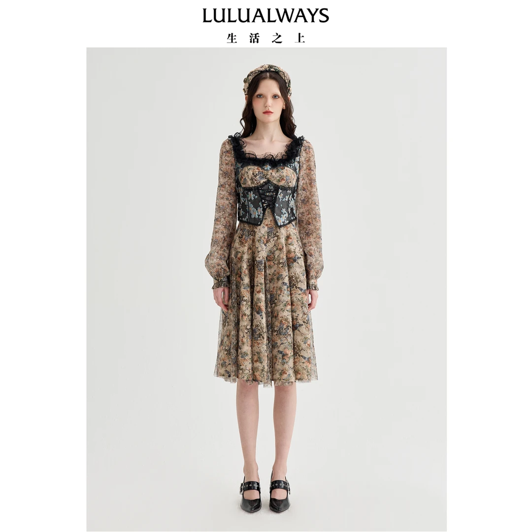 LULUALWAYS【商场同款】25春季新款法式浪漫优雅提花蕾丝连衣裙女