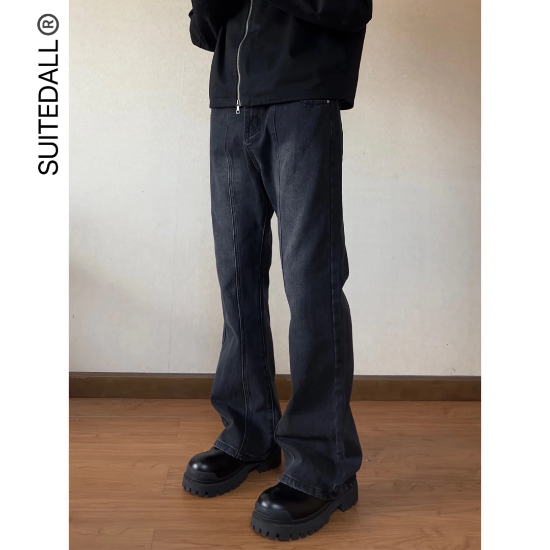 SUITEDALL水洗黑微喇叭牛仔裤美式高街vibe做旧517显瘦百搭长裤子