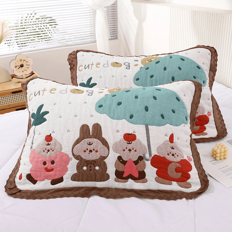 夏季必备云朵泡芙纱布枕巾纯棉花边柔软一对装可爱时泡芙花边纱布