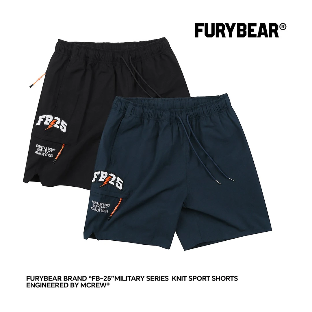 FURYBEAR熊怒夏季简约刺绣藏青黑色暗格纹户外机能工装短裤