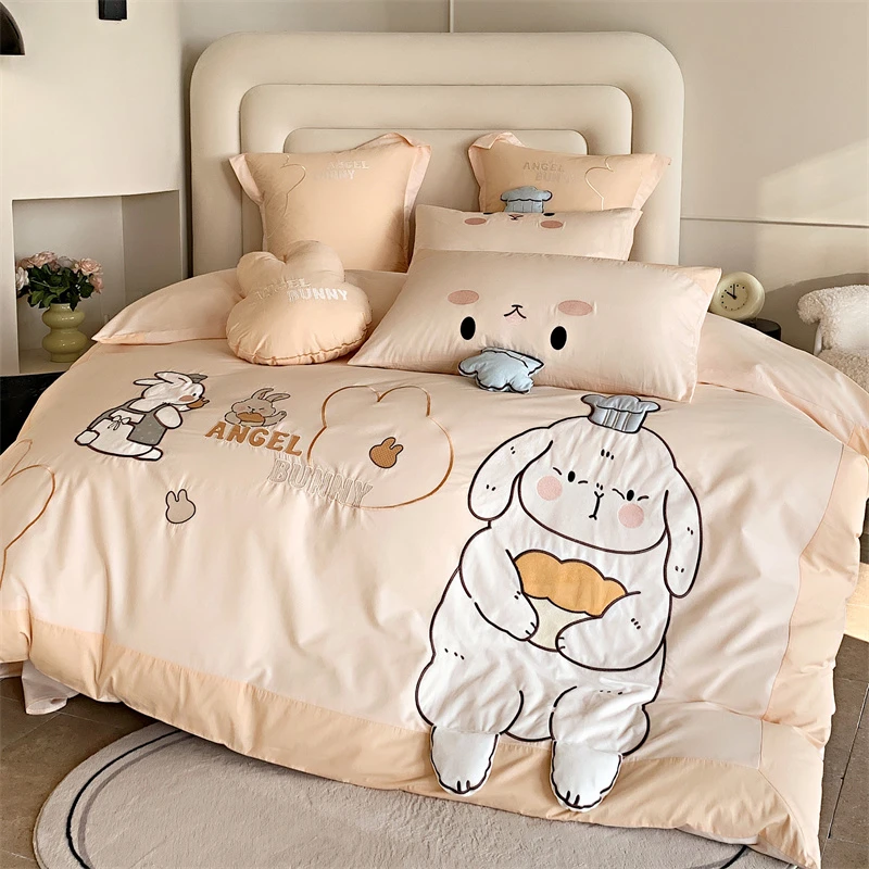 重工立体刺绣全棉水洗棉床上用品四件套柔软细腻亲肤纯棉三件套